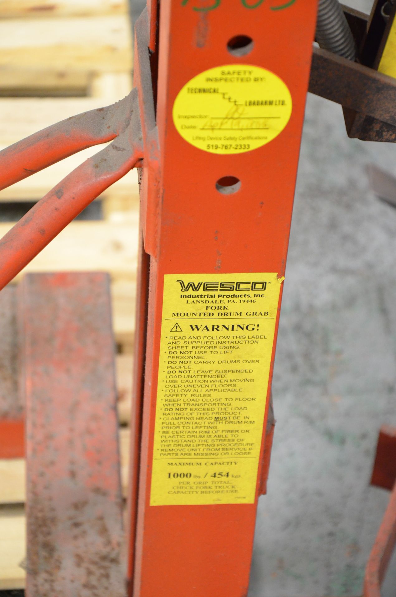 LOT/ (2) WESCO 1,000LB CAPACITY FORKLIFT BARREL HANDLING ATTACHMENTS [RIGGING FEE FOR LOT #420 - $25 - Image 2 of 2