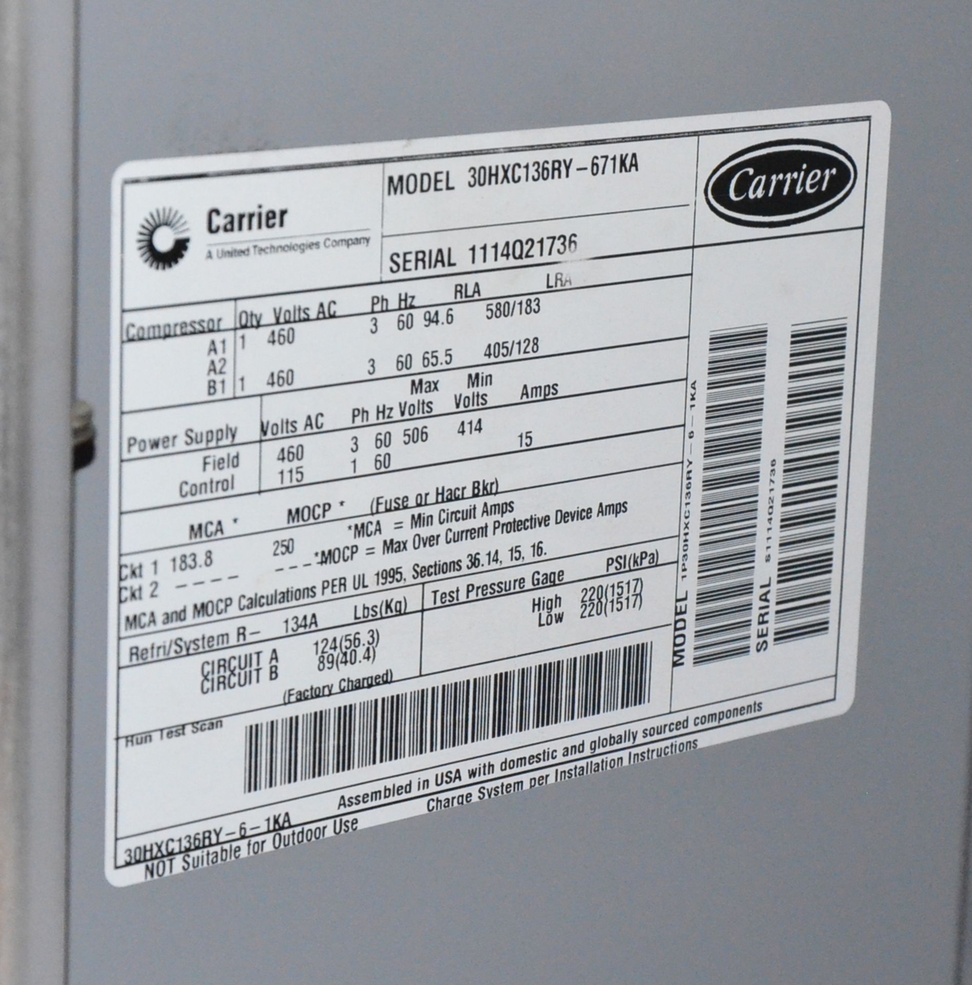 CARRIER 30HXC136RY-671KA REFRIGERATED LIQUID CHILLER, S/N 1114Q21736 [RIGGING FEE FOR LOT #572 - $ - Image 9 of 9