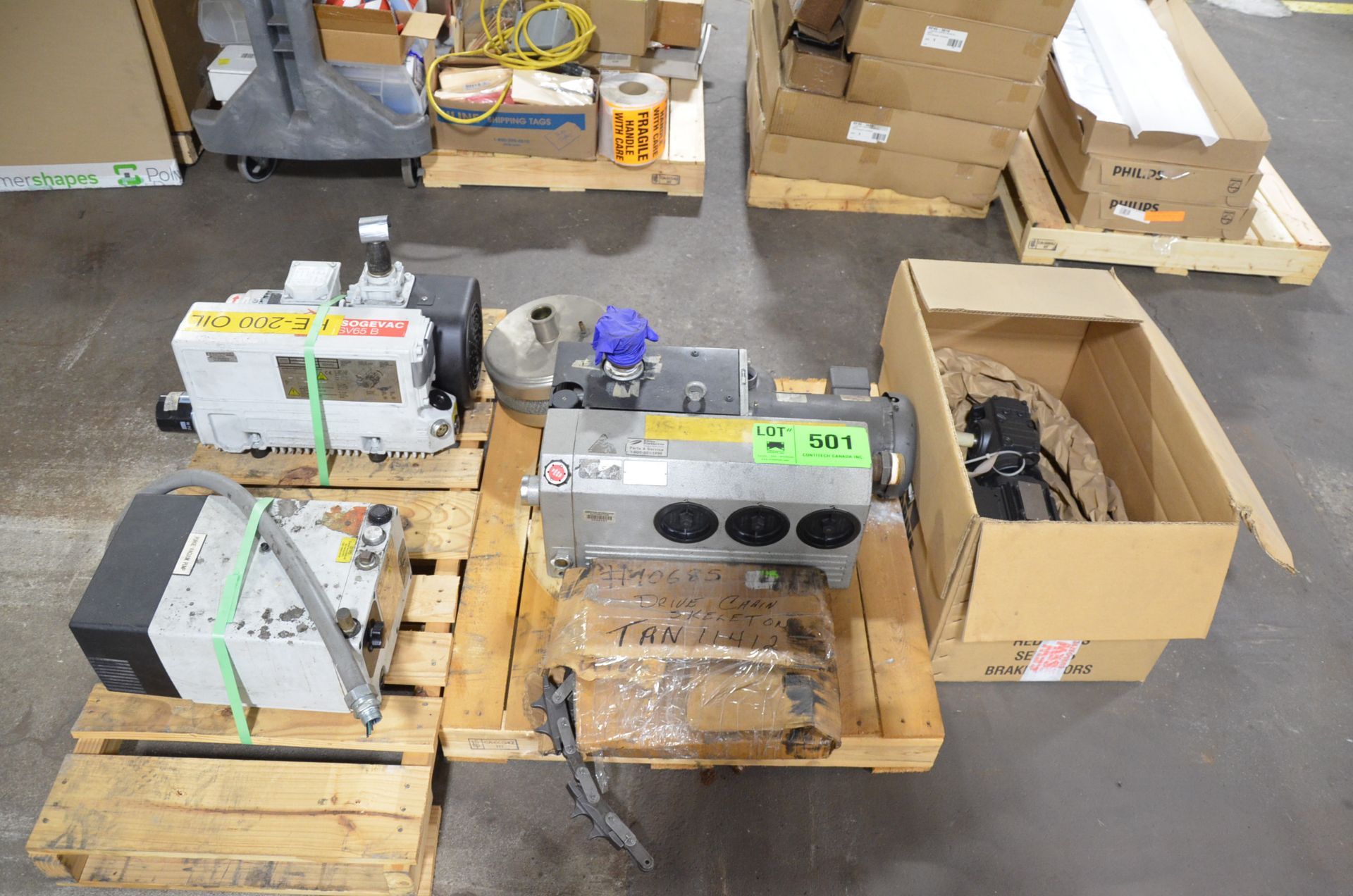 LOT/ (3) PALLETS WITH DRIVES, MOTORS, VACUUM PUMPS AND GEAR REDUCERS [RIGGING FEE FOR LOT #501 - $50