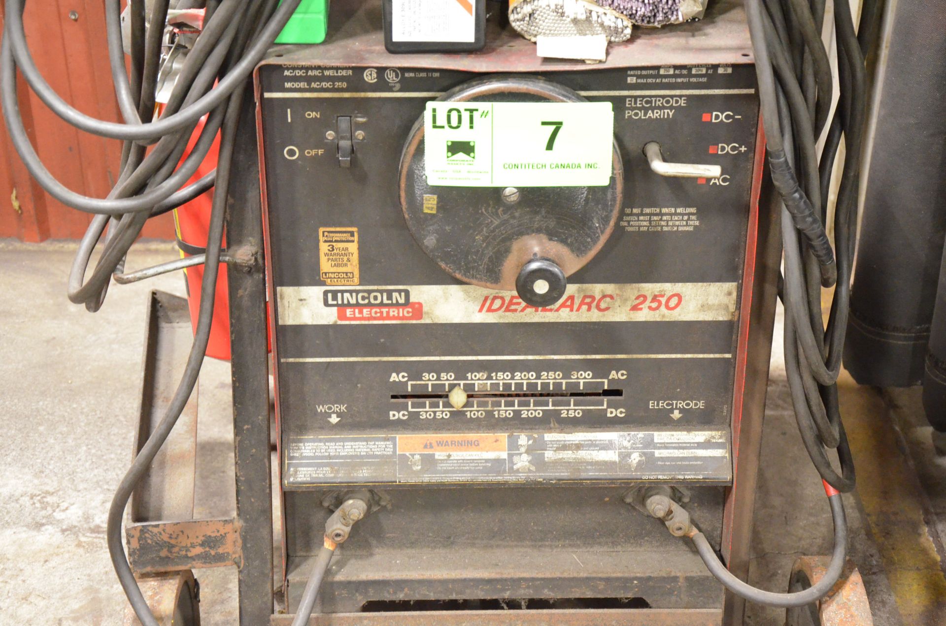 LINCOLN ELECTRIC IDEALARC 250 PORTABLE ARC WELDER WITH CABLES, GUN, AND WELDING SUPPLIES, S/N N/A [ - Image 3 of 4