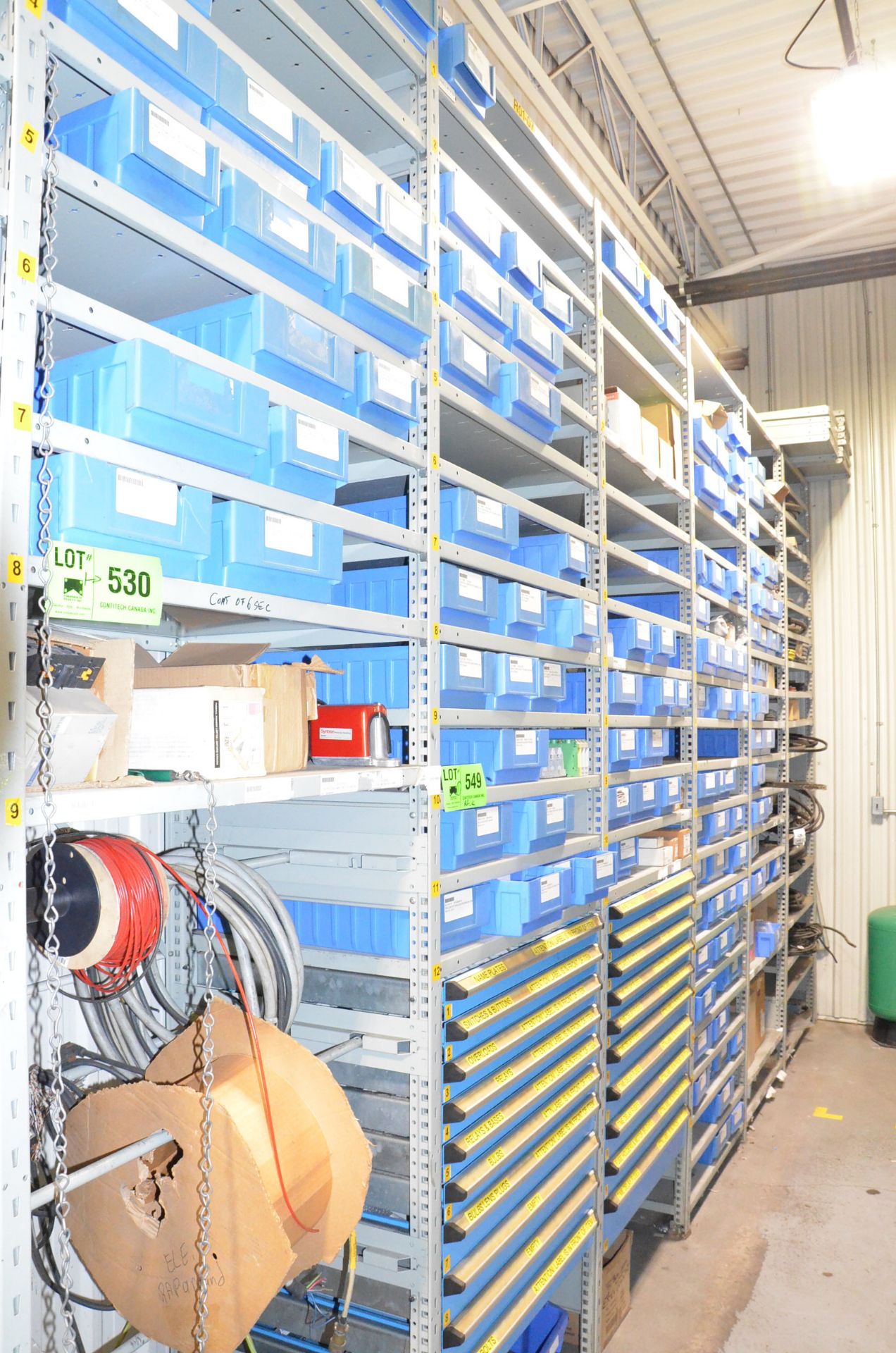 LOT/ CONTENTS OF (6) SECTIONS OF SHELVING CONSISTING OF ELECTRICAL AND ELECTRONIC COMPONENTS [