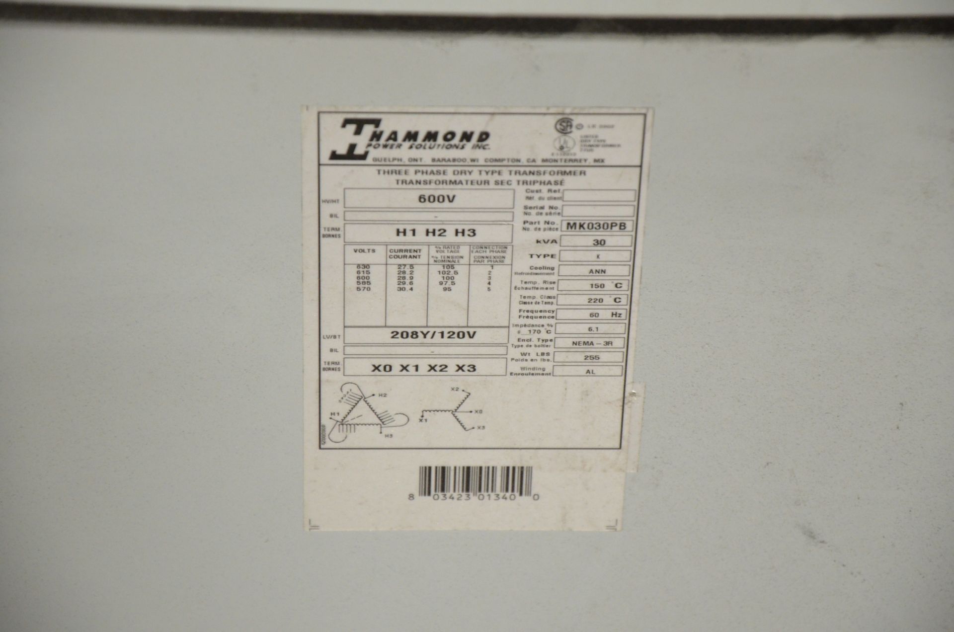 LOT/ HAMMOND 30KVA/600-208V/3PH/60HZ TRANSFORMER AND AX-31 EXHAUST BLOWER [RIGGING FEE FOR LOT # - Image 2 of 3