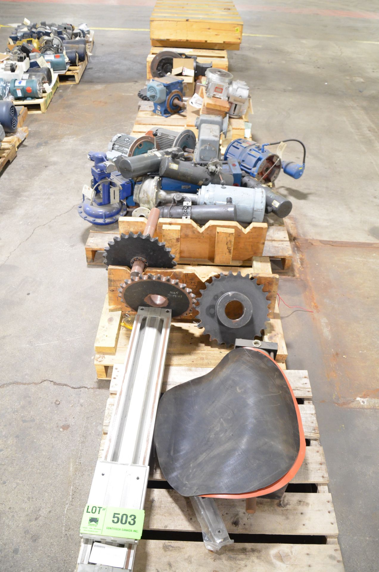 LOT/ (7) PALLETS WITH MOTORS, GEARBOXES AND MACHINERY PARTS [RIGGING FEE FOR LOT #503 - $50 USD PLUS