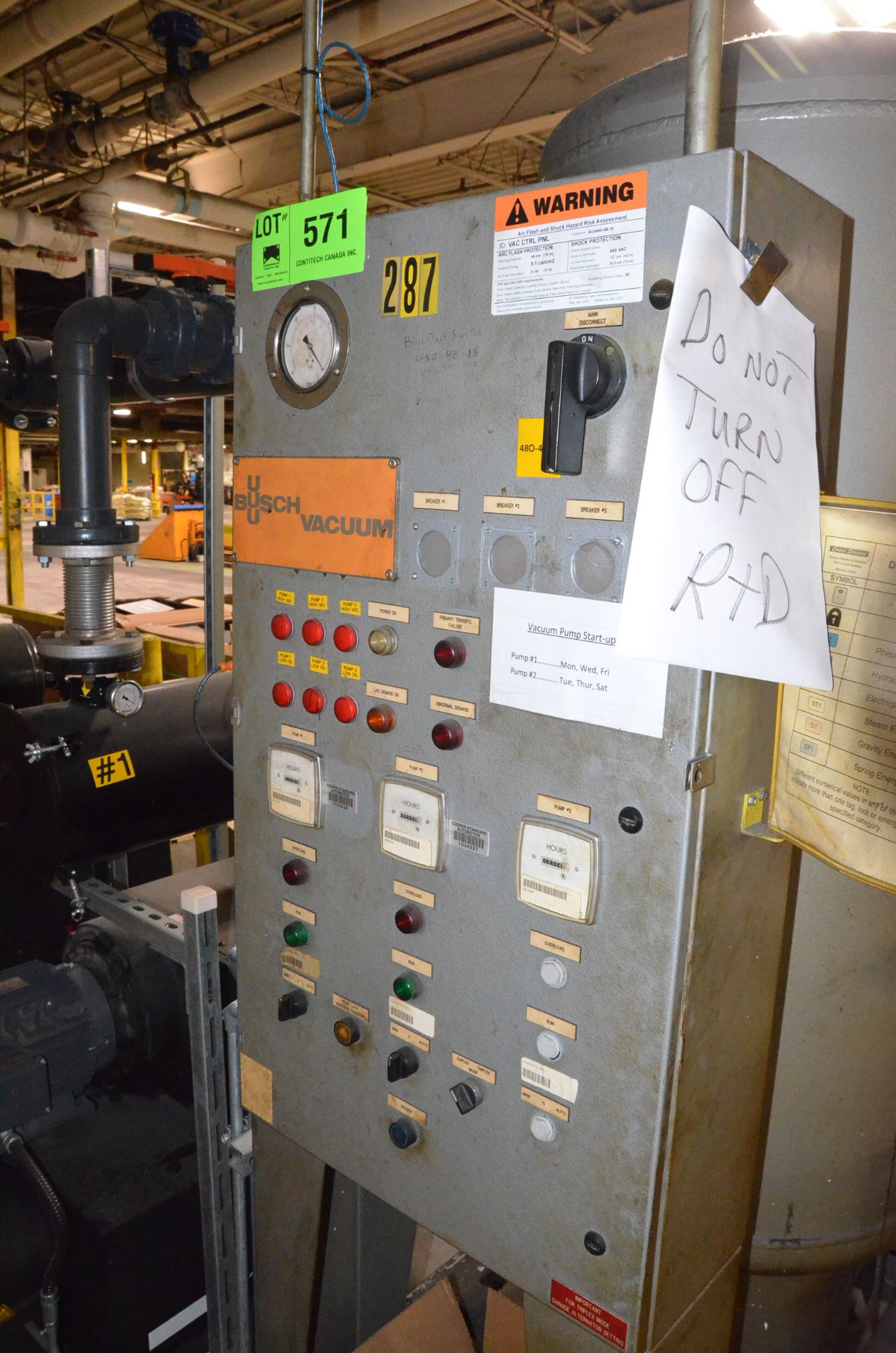 BUSCH VACUUM VACUUM PUMP SEQUENCER AND RECEIVER TANK, S/N N/A [RIGGING FEE FOR LOT #571 - $tbd USD