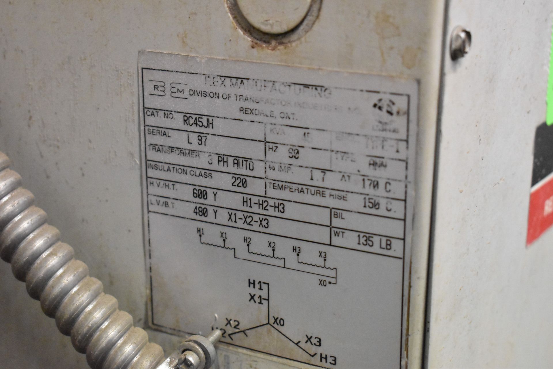 REX 45KVA TRANSFORMER, S/N N/A [RIGGING FEE FOR LOT #82 - $75 USD PLUS APPLICABLE TAXES] - Image 3 of 3