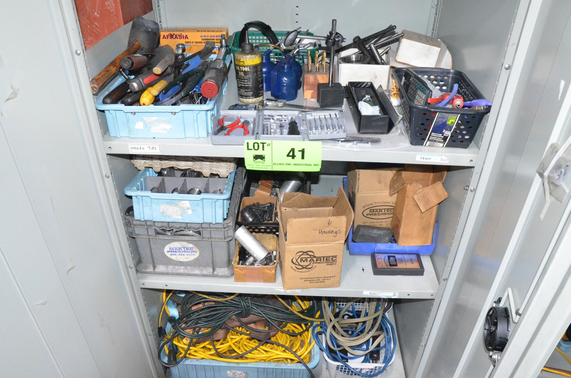 LOT/ CONTENTS OF (3) SHELVES CONSISTING OF EXTENSION CORDS, HARDWARE, HAND AND INSPECTION TOOLS