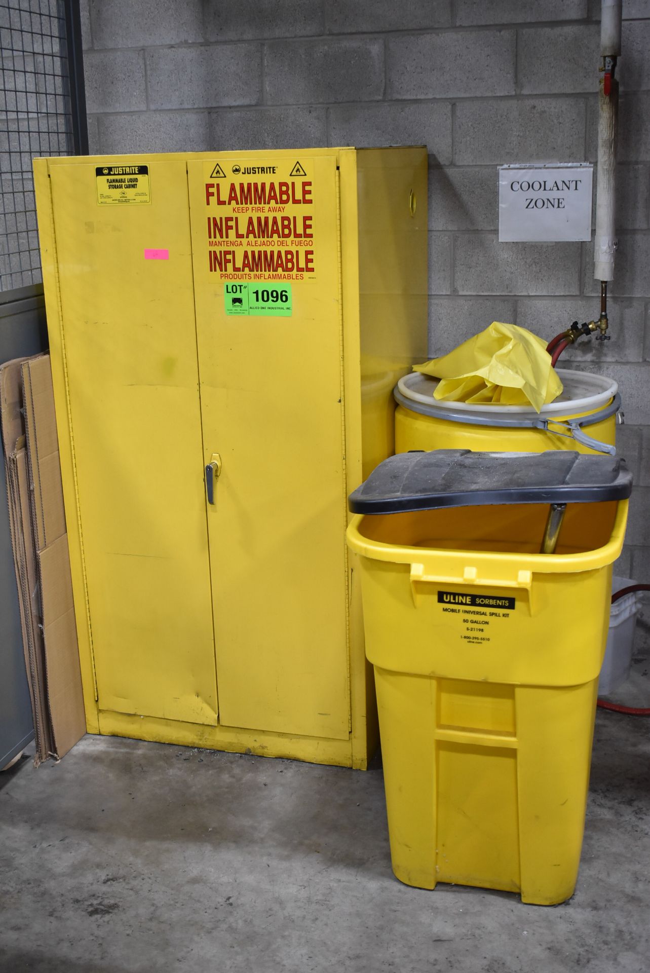 LOT/ JUSTRITE FLAMMABLE CABINET AND TOTES