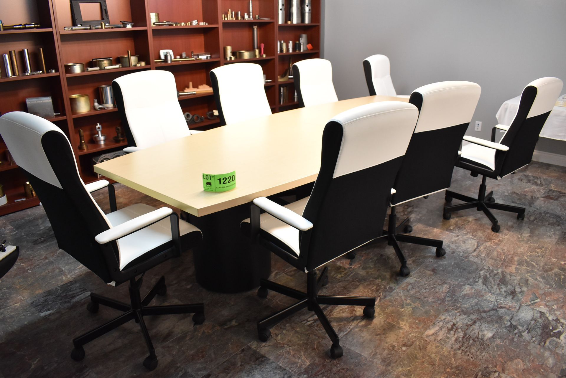 LOT/ BOARD ROOM FURNITURE CONSISTING OF BOARD ROOM TABLE, (8) EXECUTIVE CHAIRS AND SHELVING UNITS