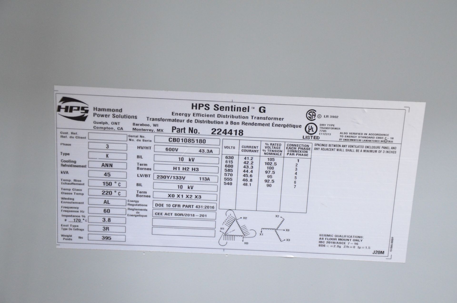 HAMMOND 45KVA TRANSFORMER 600-230-133V/3PH/60HZ S/N CB01085180 (CI) [RIGGING FEE FOR LOT #85 - $50 - Image 2 of 2