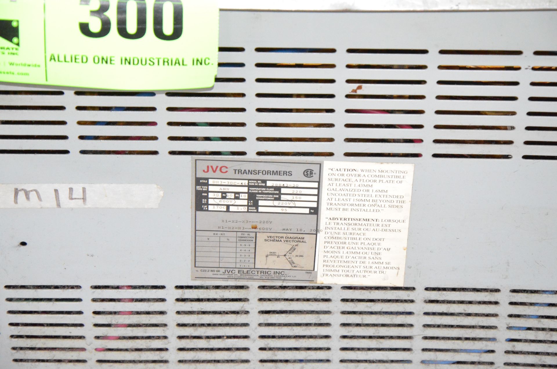 JVC 30KVA TRANSFORMER, 600-220V/3PH/60HZ, S/N 28843-30 (CI) [RIGGING FEE FOR LOT #300 - $50 CDN PLUS - Image 2 of 2