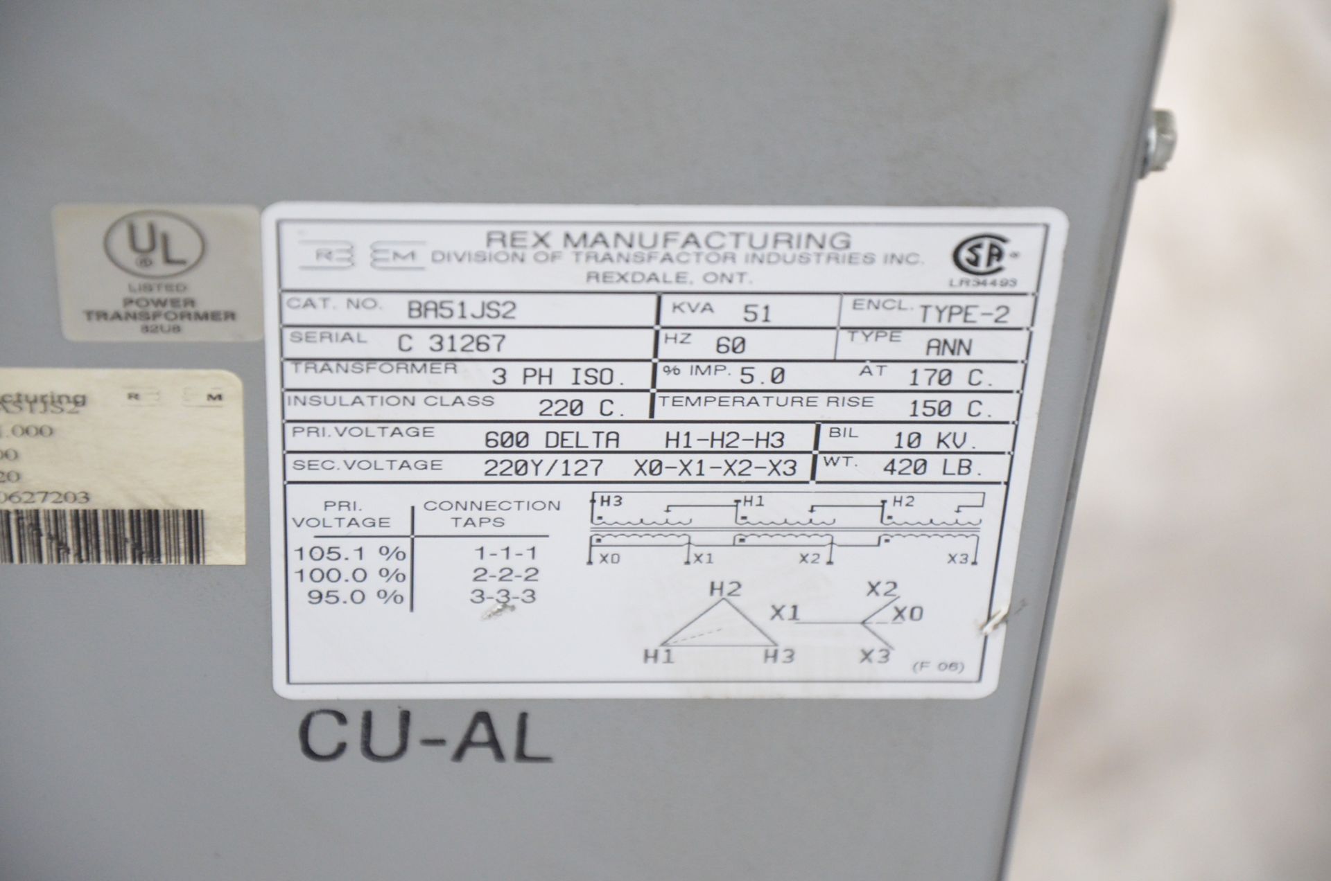 REX 51KVA TRANSFORMER, 600-220-127V/3PH/60HZ, S/N C 17219 (CI) [RIGGING FEE FOR LOT #205 - $50 CDN - Image 2 of 2