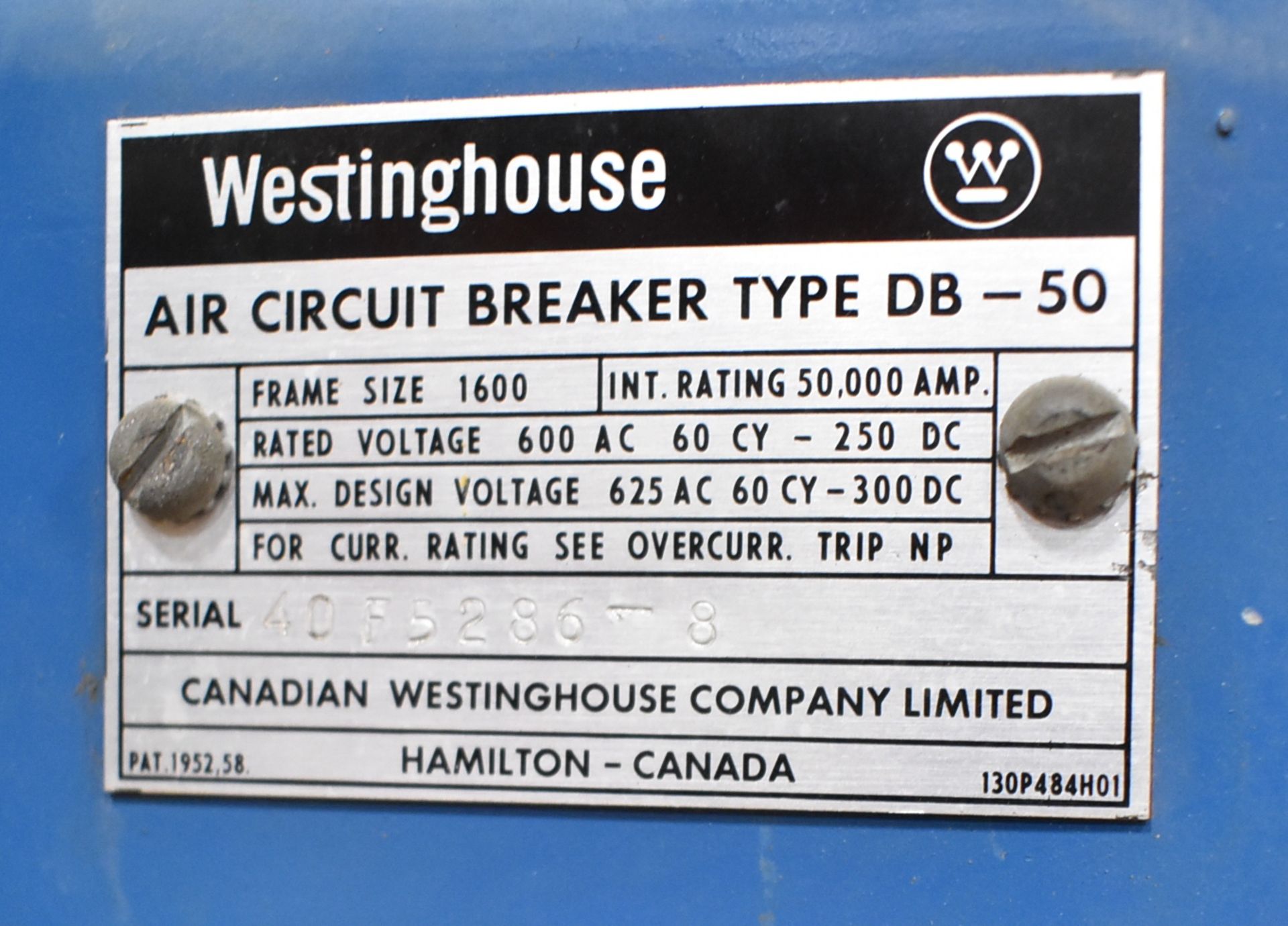 WESTINGHOUSE DB-50 AIR CIRCUIT BREAKER, S/N: 4DF5286-8 (CMD WAREHOUSE - 13070402) - Image 2 of 2