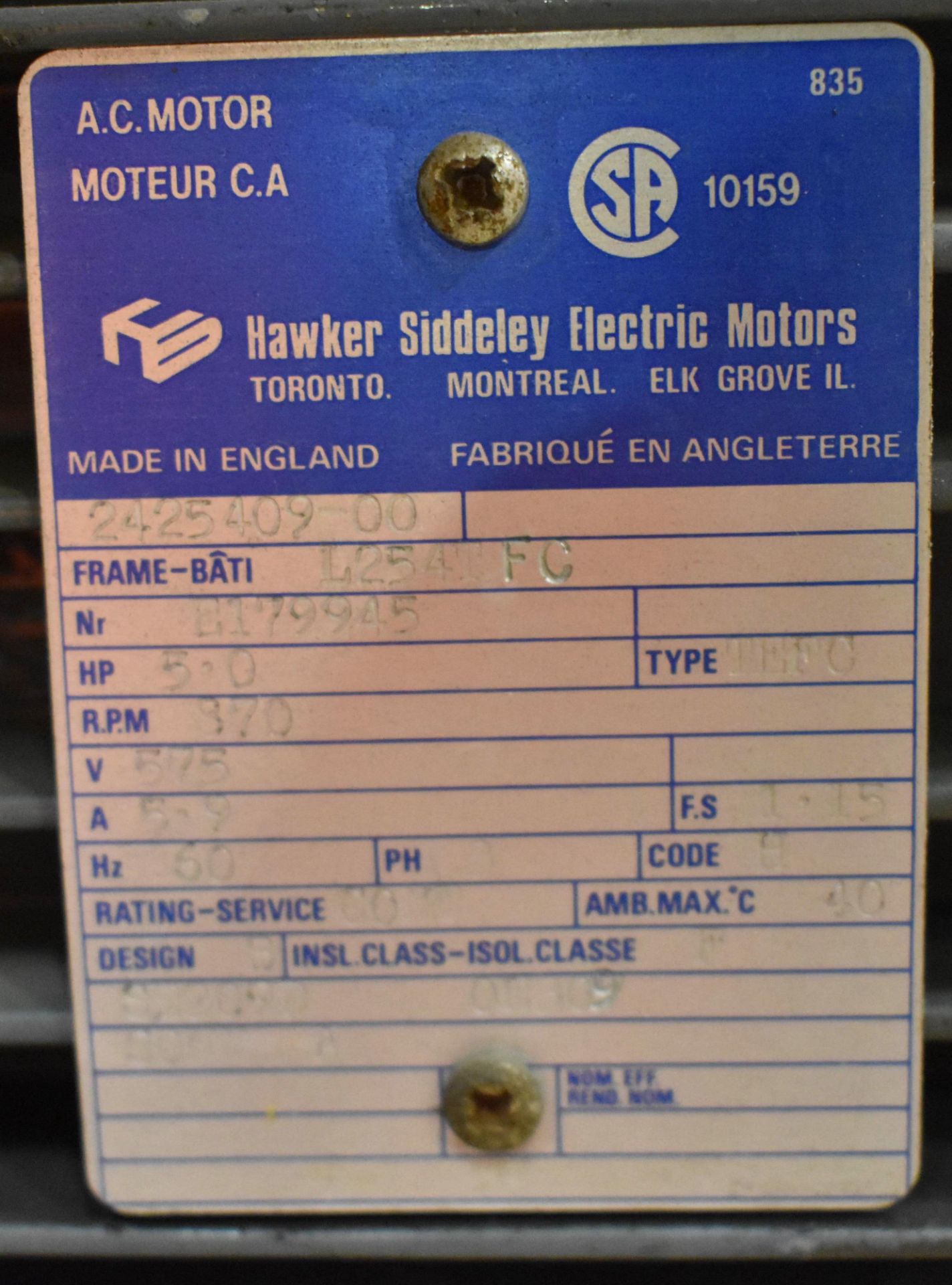 HAWKER-SIDDELEY 5 HP ELECTRIC MOTOR WITH 575V, 3PH, 60HZ (CMD WAREHOUSE - 10060202) - Image 3 of 3