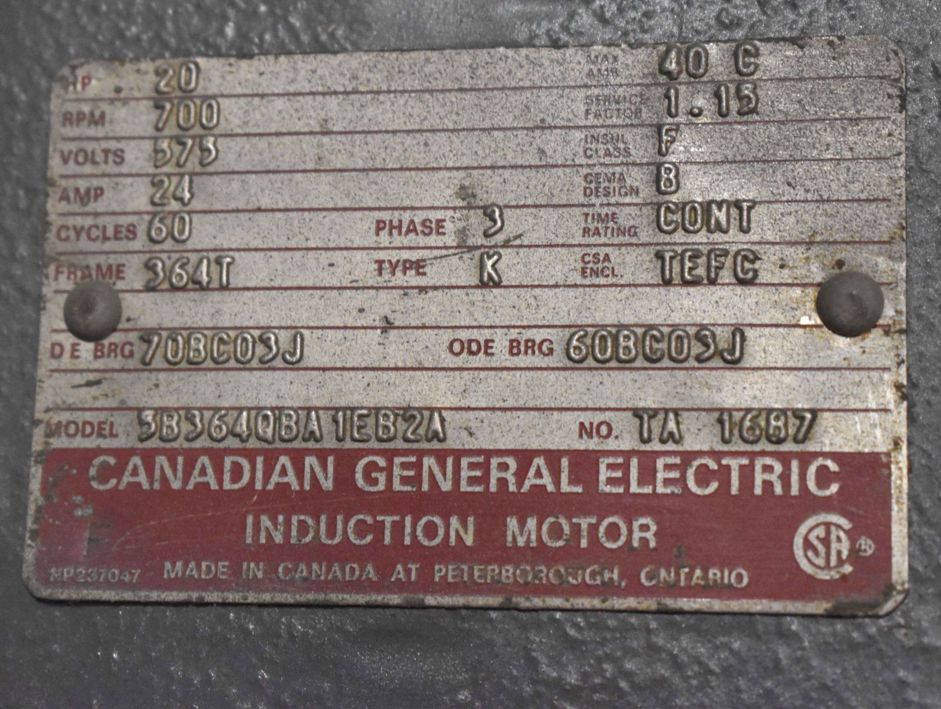 CANADIAN GENERAL ELECTRIC 20 HP ELECTRIC MOTOR WITH 575V, 3PH, 60HZ (CMD WAREHOUSE - 10070302) - Image 3 of 3