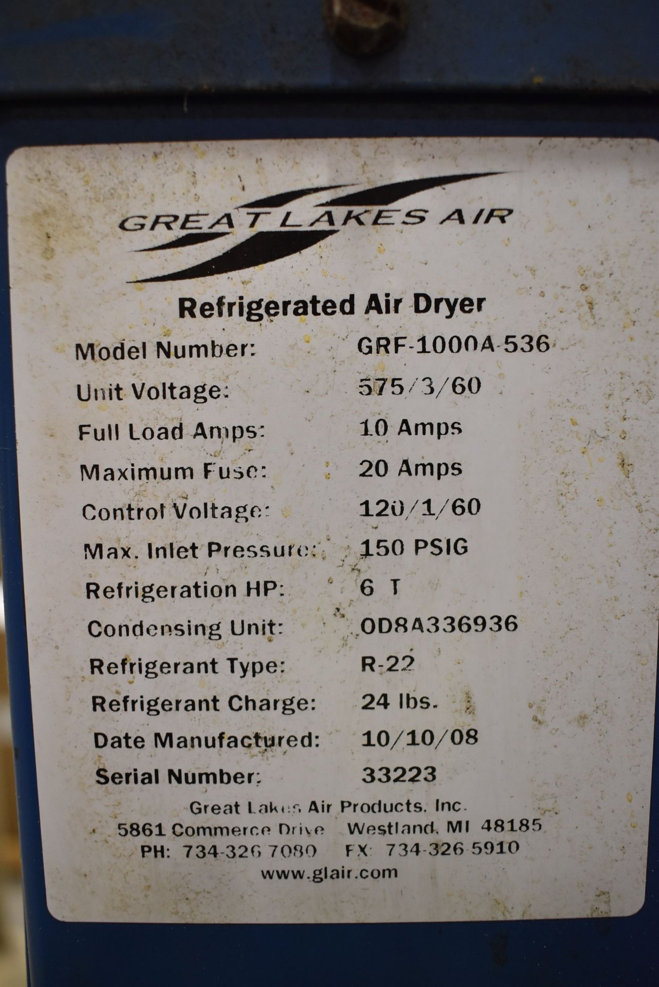 GREAT LAKES AIR (2008) GRF-1000A-536 REFRIGERATED AIR DRYER, S/N: 33223 (CI) - Image 4 of 4
