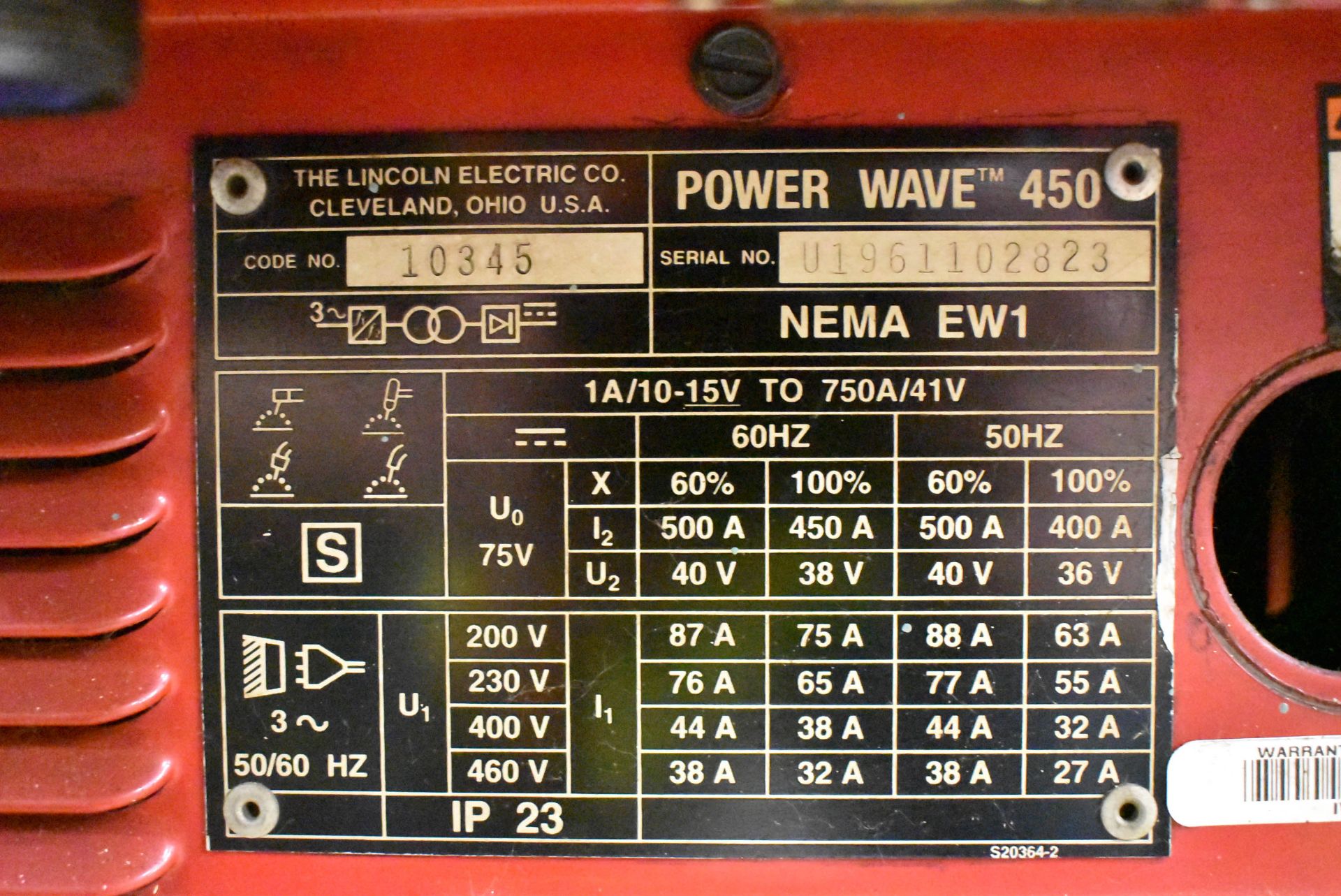 LINCOLN ELECTRIC INVERTEC POWER WAVE DIGITAL WELDING POWER SOURCE, S/N: U1961102823 - Image 3 of 3