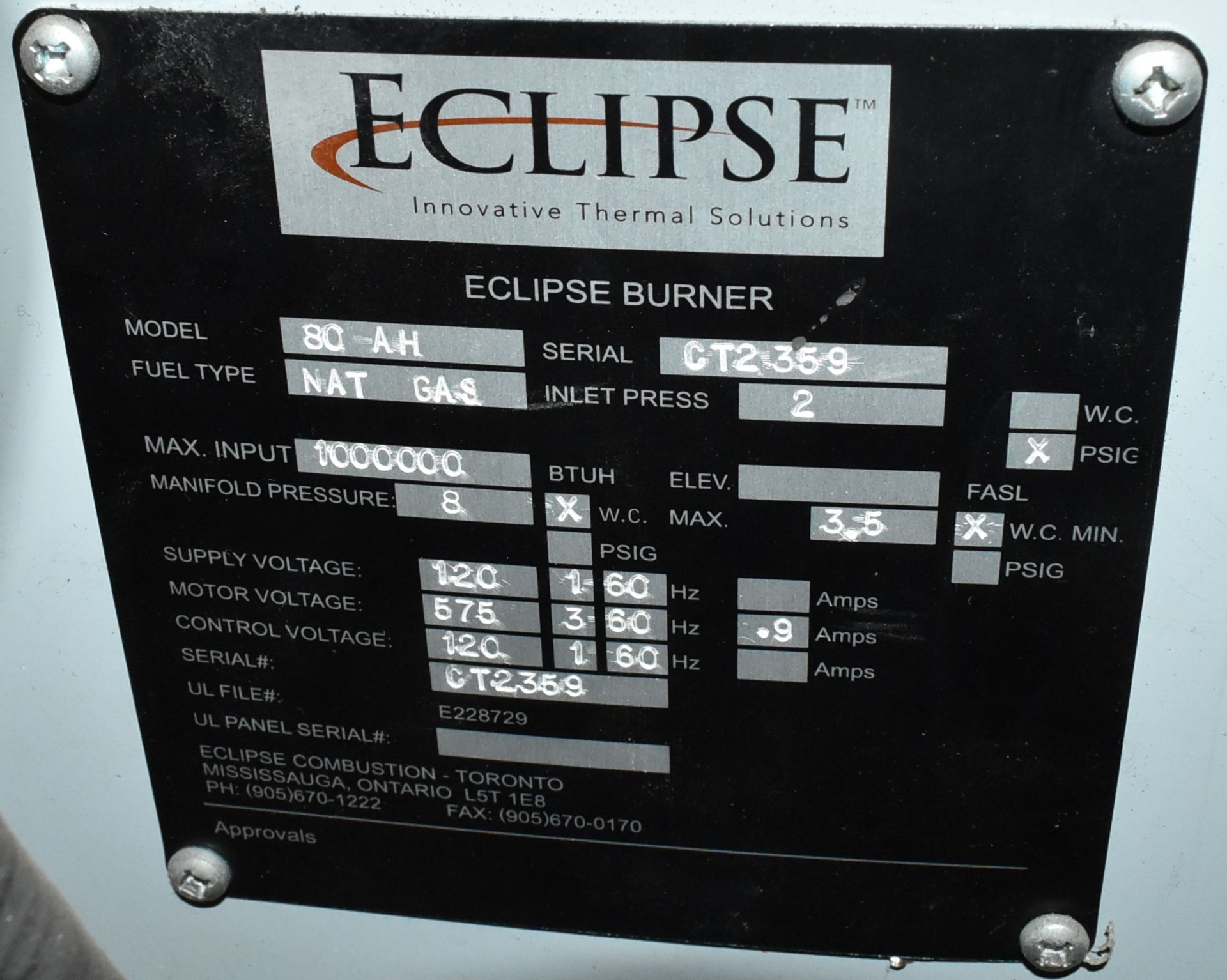 MFG. UNKNOWN HEAT TREAT OVEN WITH ECLIPSE 1,000,000 BTUH NATURAL GAS BURNER, S/N: N/A (CI) - Image 5 of 5