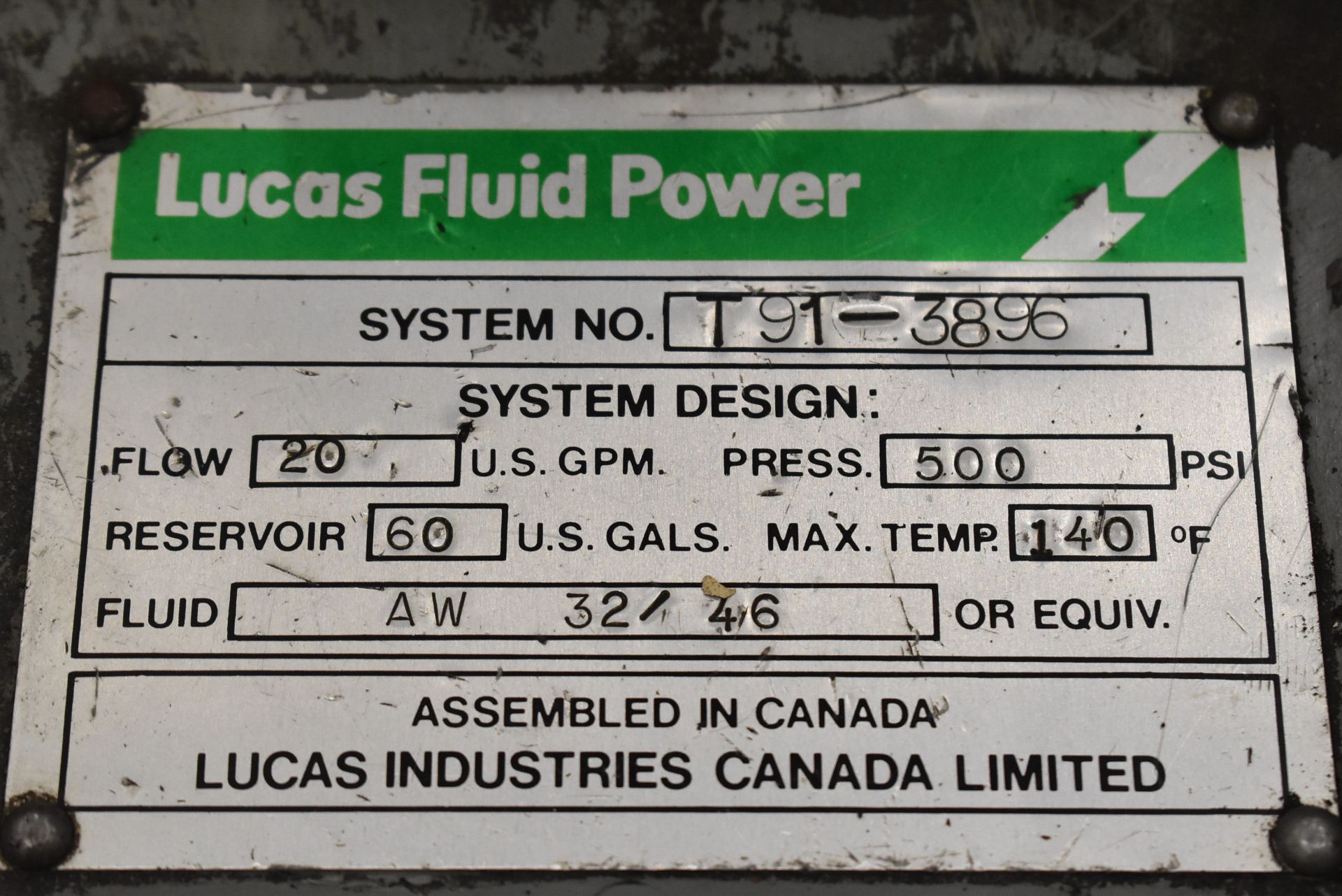 LUCAS FLUID POWER 7.5 HP HYDRAULIC POWER PACK SYSTEM WITH 60 GAL. FLUID RESERVOIR, S/N: T91-3896 ( - Image 3 of 3