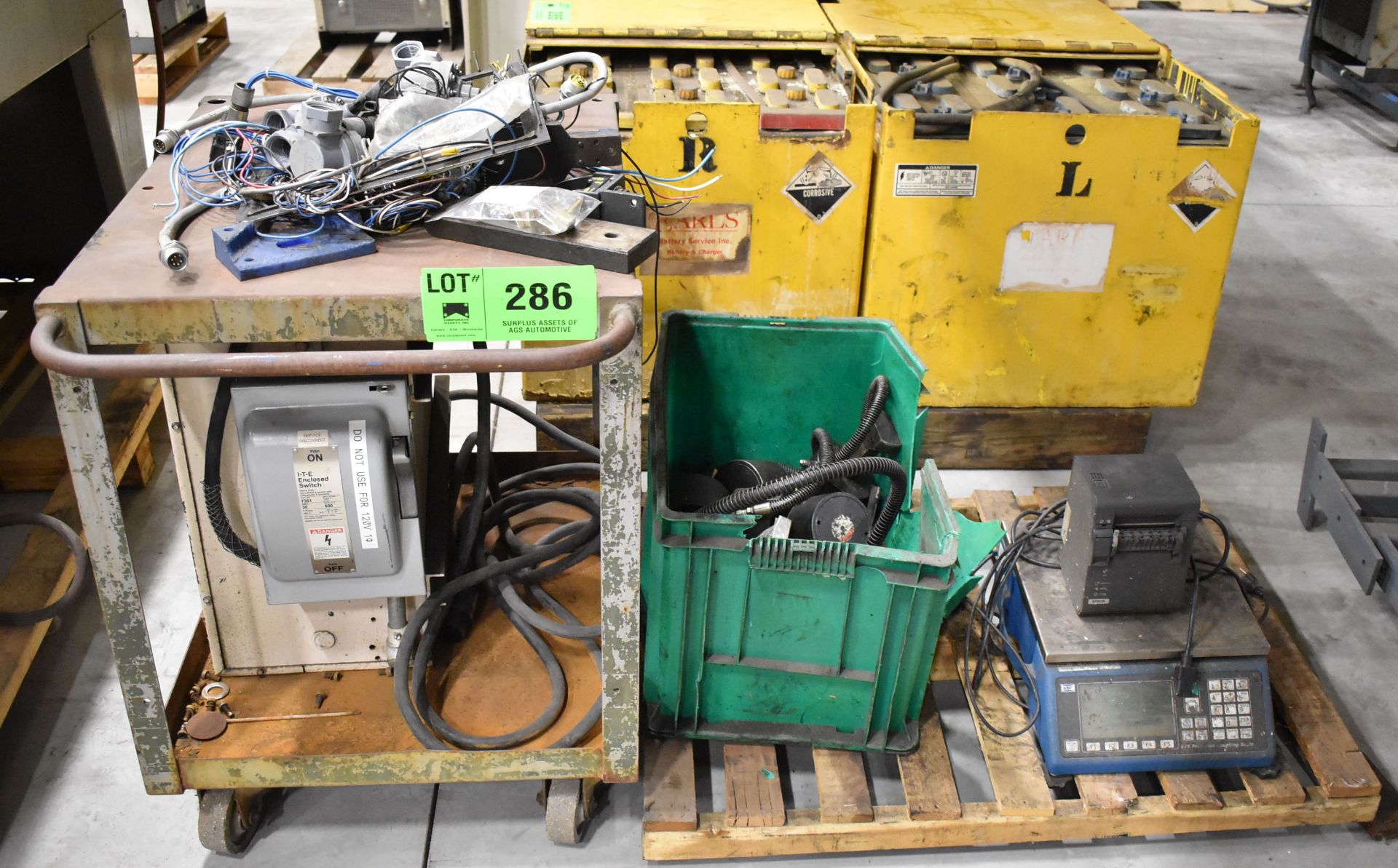 LOT/ CART WITH 15 KVA TRANSFORMER, SPARE PARTS, BENCH-TYPE SCALE WITH PRINTER