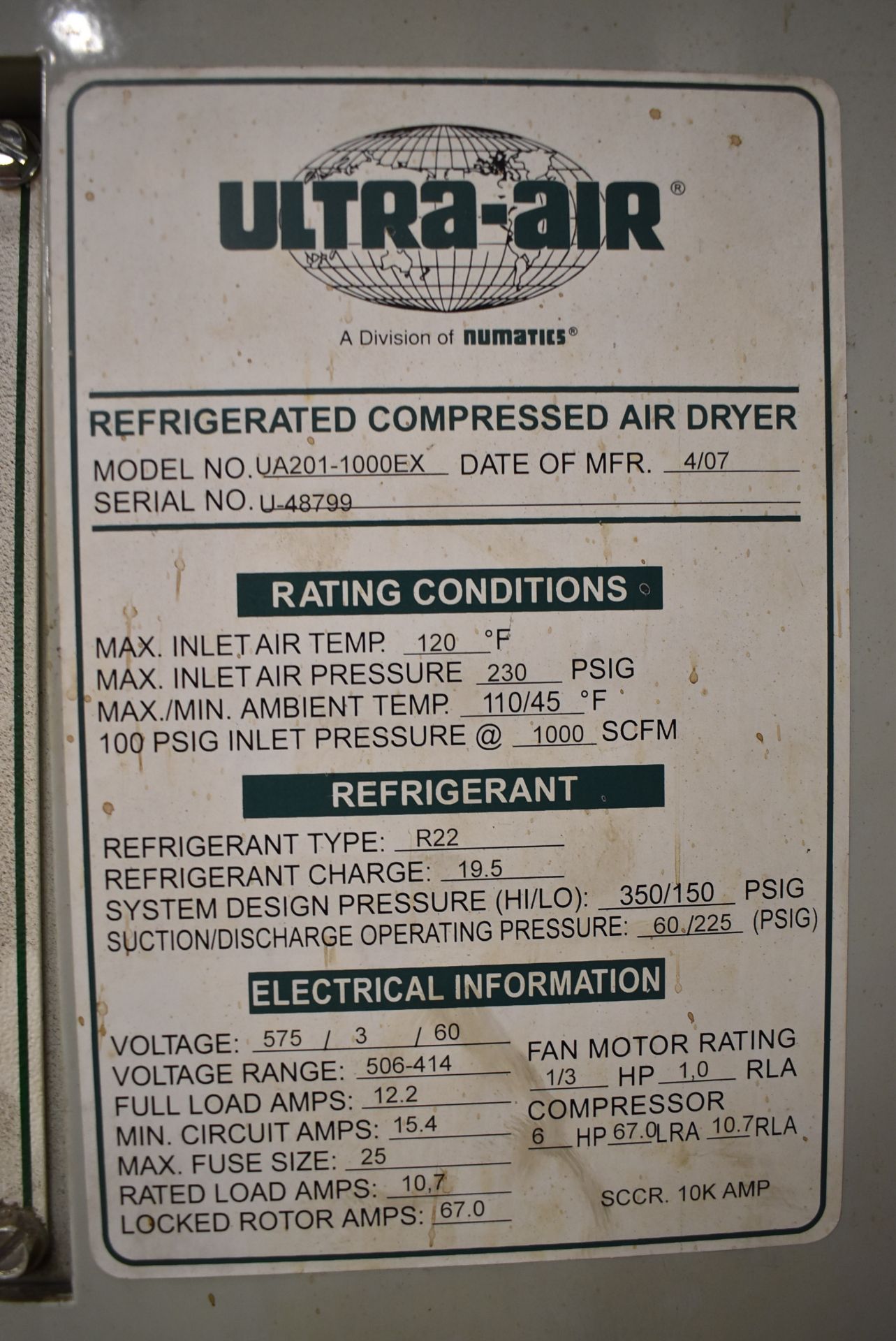 ULTRA-AIR (2007) UA201-1000EX REFRIGERATED COMPRESSED AIR DRYER, S/N: U-48799 (CI) - Image 4 of 4