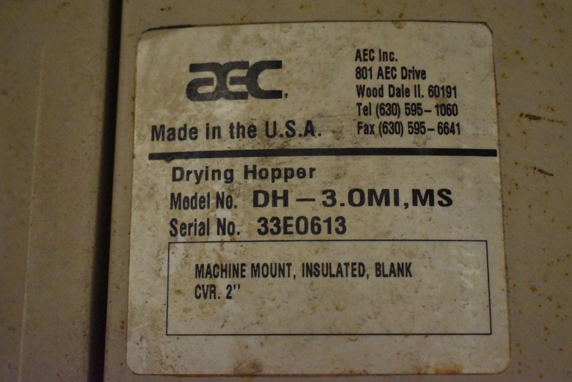 AEC DH-3.0MI/MS DESICCANT MATERIAL DRYING HOPPER WITH BUNTING MAGNETIC DRAWER SEPARATOR, S/N: - Image 3 of 3