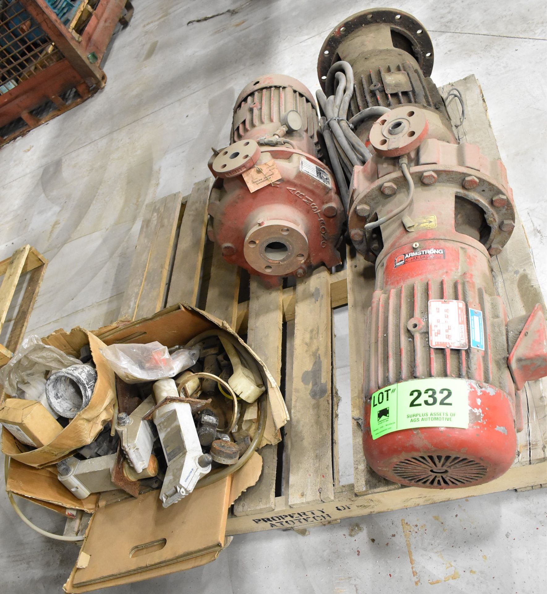 LOT/ (3) 3 HP ELECTRIC MOTORS, (2) ARMSTRONG 2X1X10 42P PUMPS, BOX WITH PROBE ACCESSORIES (CI)
