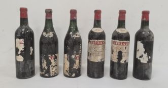 Two bottles of 1961 Lebegue Chateau Gazin, two further bottles (labels torn) and two others (
