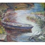 20th century school  Oil on canvas Rowing boat on riverside Unsigned; And a modern painted print