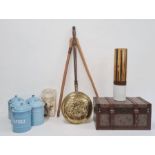 Five vintage enamel metal storage jars, a vintage metal and glass grinder and other items