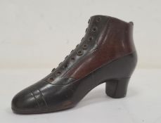 Victorian mahogany snuffbox modelled as a lady's boot, with black stained decoration and metal
