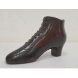 Victorian mahogany snuffbox modelled as a lady's boot, with black stained decoration and metal