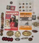 Quantity of assorted coins, medals and badges including Swindon GWR Loco brass tags, steam rally