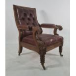 Late 19th century William IV style oak-framed library armchair with leather upholstered scrolling