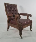 Late 19th century William IV style oak-framed library armchair with leather upholstered scrolling
