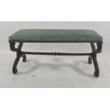 19th century window seat, the rectangular upholstered top on curly X-shaped end supports united by