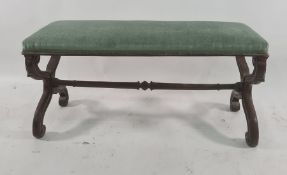 19th century window seat, the rectangular upholstered top on curly X-shaped end supports united by
