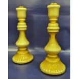Pair Villeroy & Boch gold iridescent glass candlesticks each with fluted sconce knopped and fluted