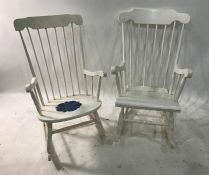 Two white painted stickback rocking armchairs (2)