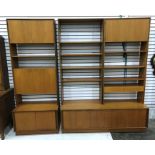 Teak G-Plan lounge unit with various cupboard doors, shelves, drawers, on bases of cupboard doors