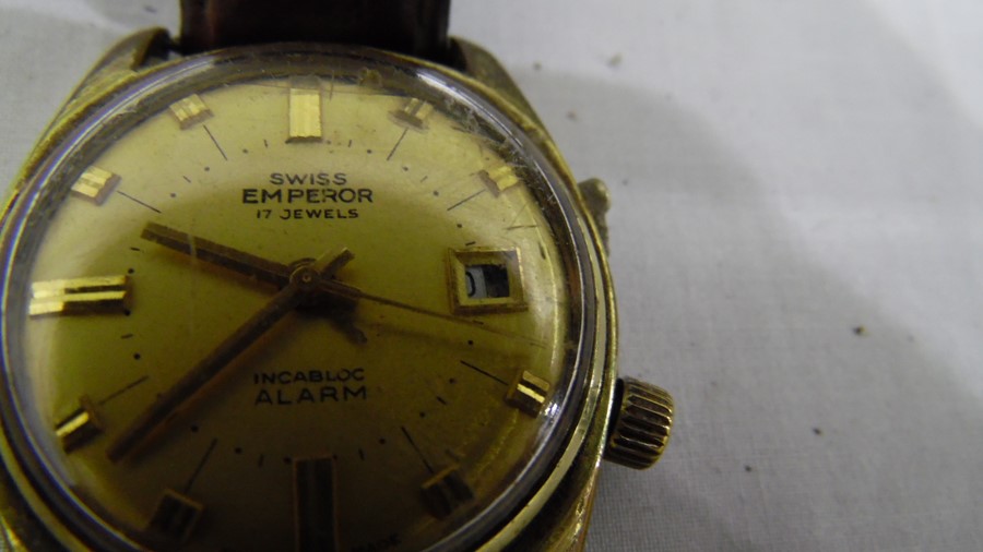 Swiss Emperor 17-Jewels Incabloc alarm watch with baton numerals to the gold coloured dial, - Image 12 of 14