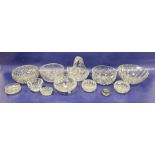 Quantity cut glass and moulded fruit and serving bowls, cut saucer champagne, two modern wines