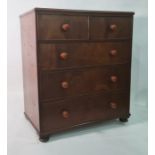 20th century mahogany chest of two short over three long drawers, on bun feet, 103cm x 115.5cm