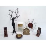 Modern wire tree sculpture, brass letter rack, pair stone temple dog bookends and other items