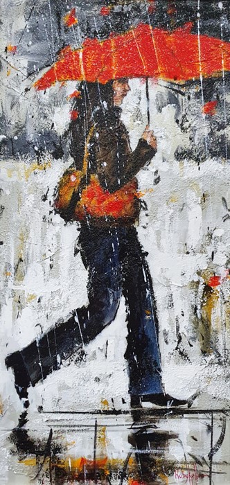 (Ruby Keller )  - Peter Worswick ( b 1961 - ) Pair oils on board Female figures in the rain, both - Image 3 of 4