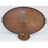 Inlaid mahogany tray with brass scroll handles, serpentine raised edge, five paterae inlaid with