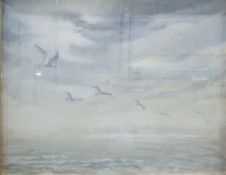 20th century school  Oil on canvas board Seagulls in flight over calm ocean, unsigned, 39.5 x 49.5cm