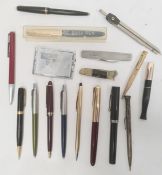 Parker fountain pen, a Sheaffer fountain pen with italic nib and various other pens, propelling