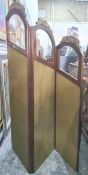 19th century French mahogany, giltwood and glazed three-fold draught screen, the folds with arched
