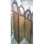 19th century French mahogany, giltwood and glazed three-fold draught screen, the folds with arched