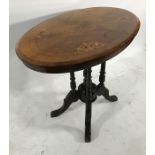 19th century walnut and inlaid oval top centre table on pedestal support in the form of four